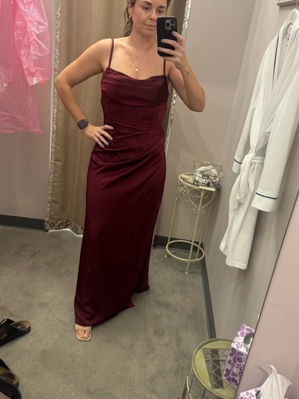 Azazie Wine Satin Cowl Neck Maxi Dress